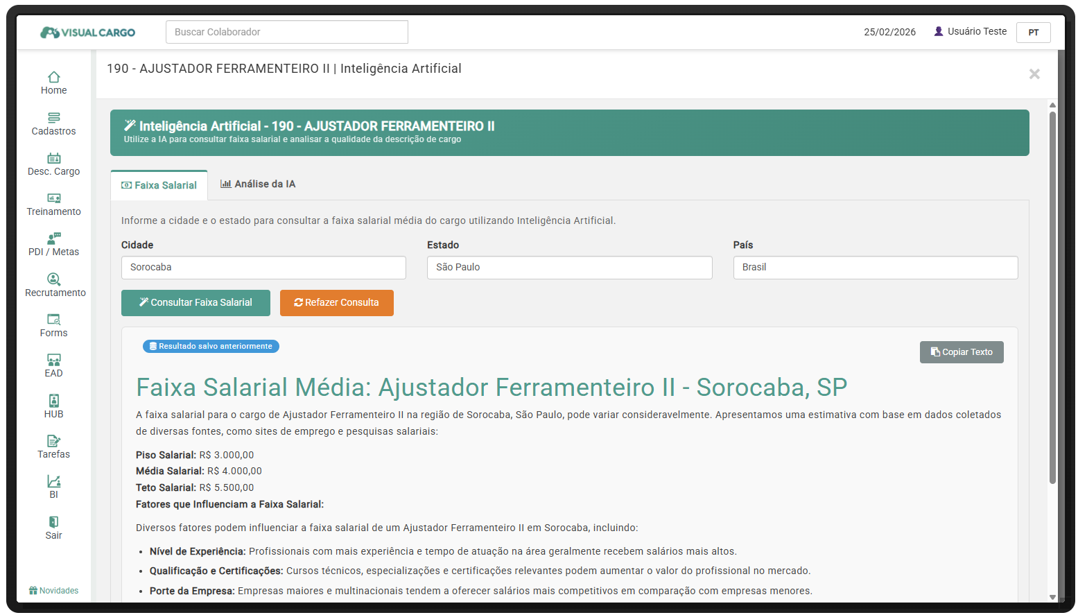 Pesquisa salarial integrada à descrição de cargo no Visual Cargo