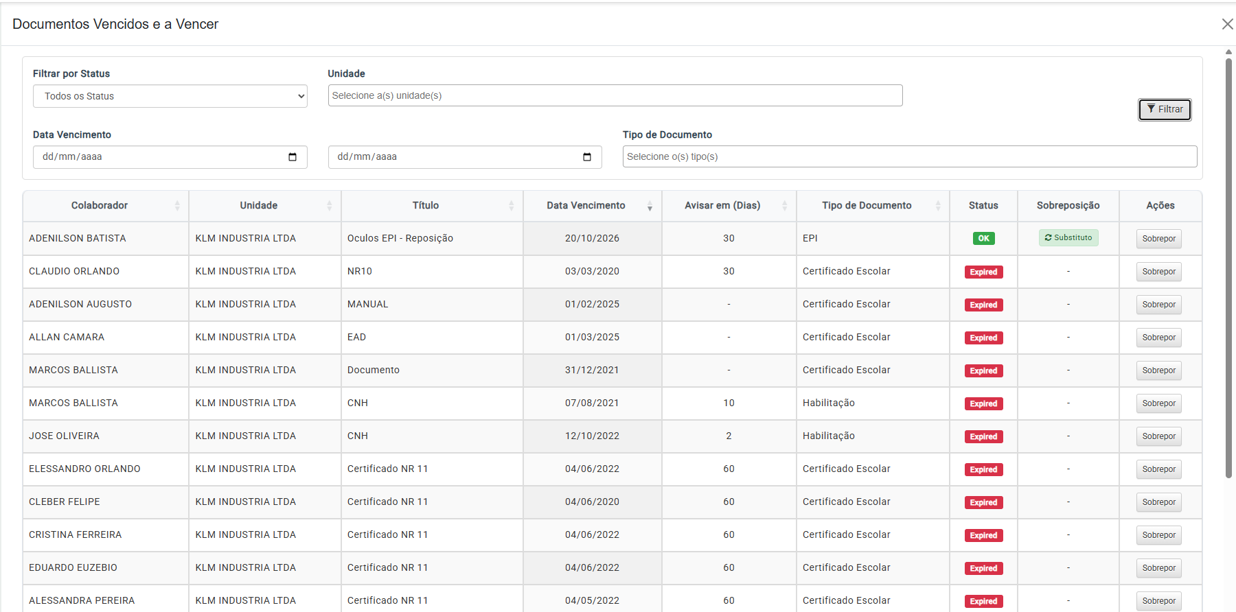 Controle de Vencimentos ASO