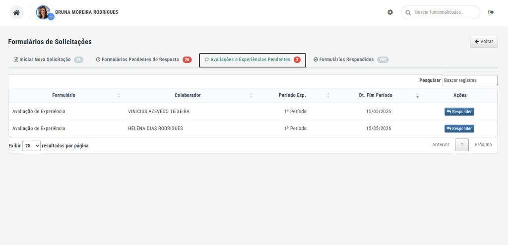 Avaliações de experiência pendentes — visão do gestor