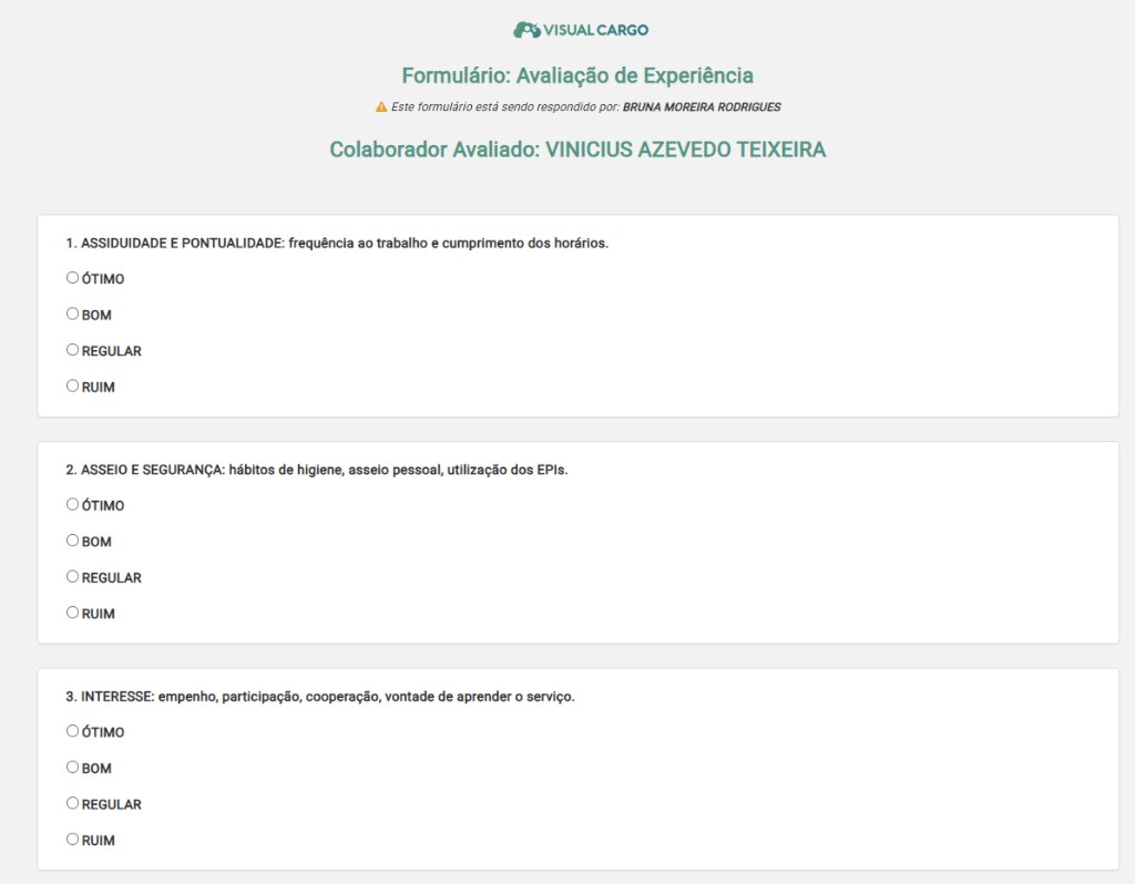 Formulário de avaliação de experiência — critérios