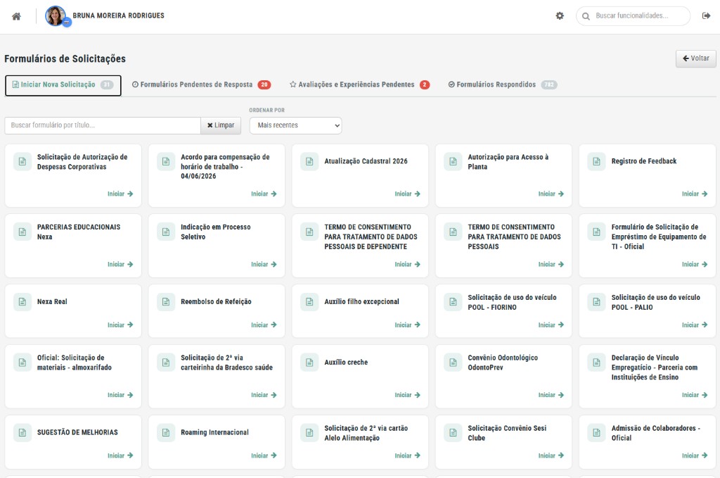 Iniciar nova solicitação no HUB