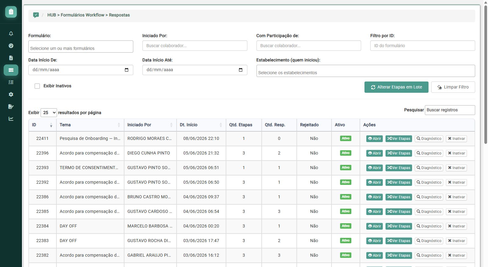 Respostas de workflow com status e parecer