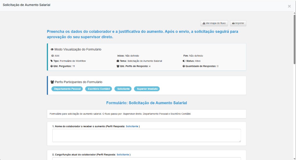 Visualização de formulário de workflow